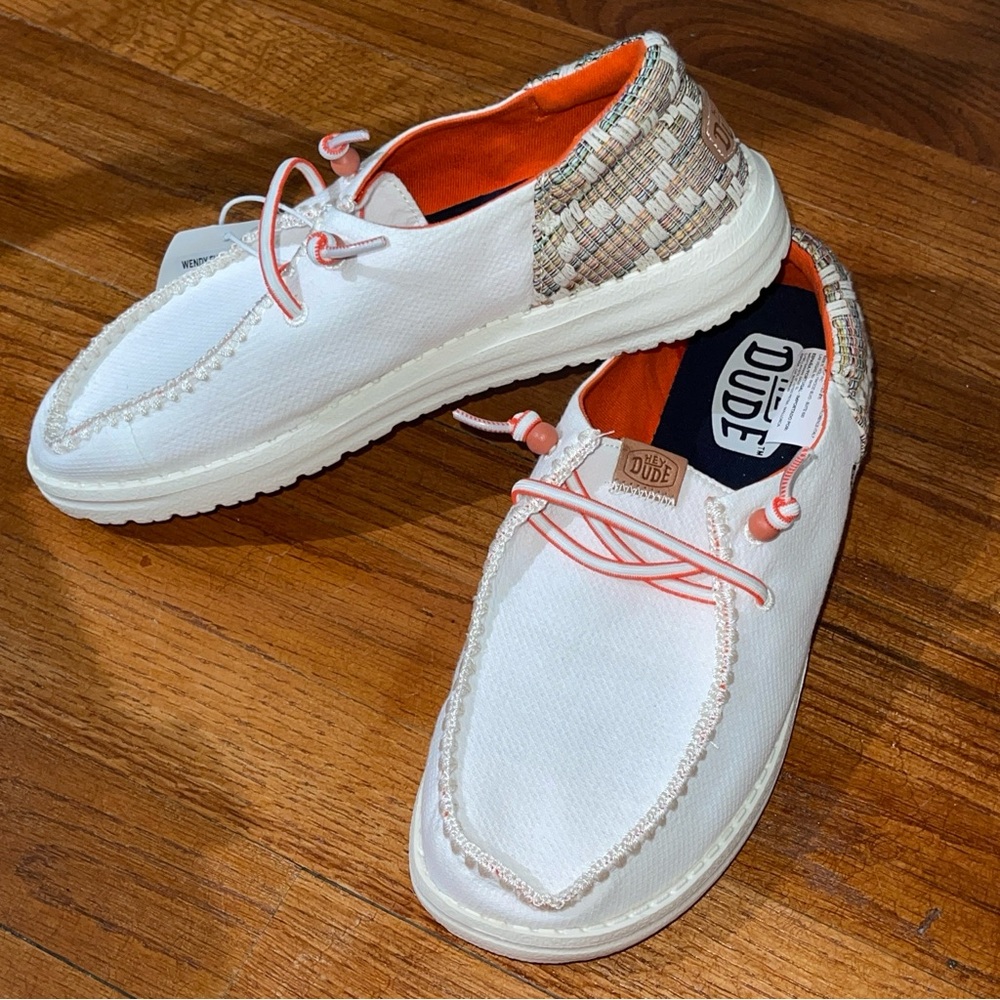 Hey Dude Women's White Canvas Loafers with Orange Trim and Woven Heel